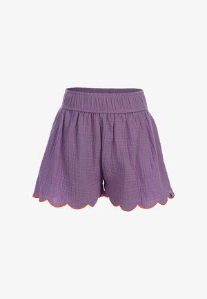 Paarse katoenen short met elastische tailleband en gegolfde zoom met oranje rand, getoond tegen een witte achtergrond.