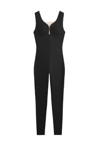 Črni kombinezon z okroglim izrezom, strukturiranim podloženim zgornjim delom in ožjim krojem. Izdelan iz gladkega, raztegljivega materiala.