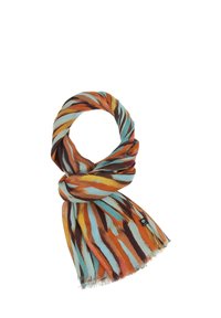 Sciarpa multicolore con motivi ondulati arancioni, marroni e blu. Realizzata in tessuto morbido con bordi sfilacciati e un piccolo etichetta logo.