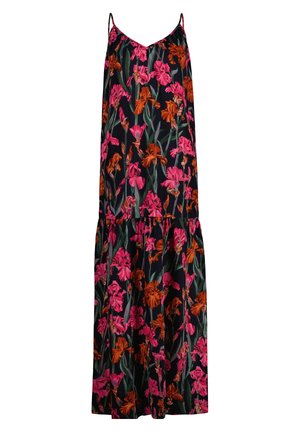 Maxikleid mit dünnen Trägern, schwarzem Hintergrund und pink-orangefarbenem Blumenmuster.