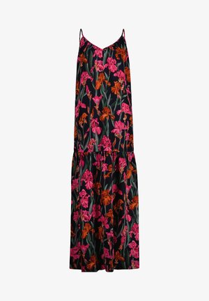 Maxi-kjole med tynde stropper, sort baggrund og pink og orange blomsterprint.