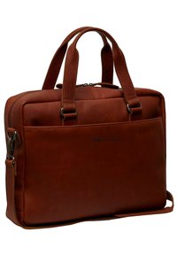 Valigetta in pelle marrone con doppio manico superiore, zip di chiusura, tasca frontale e spallaccio regolabile. Texture liscia con branding discreto.