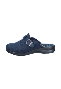 Marineblaue Filzpantoletten mit runder Zehenpartie, verstellbarem Metallverschluss und einer schwarzen Gummisohle. Mit strukturiertem Obermaterial für zusätzlichen Komfort.