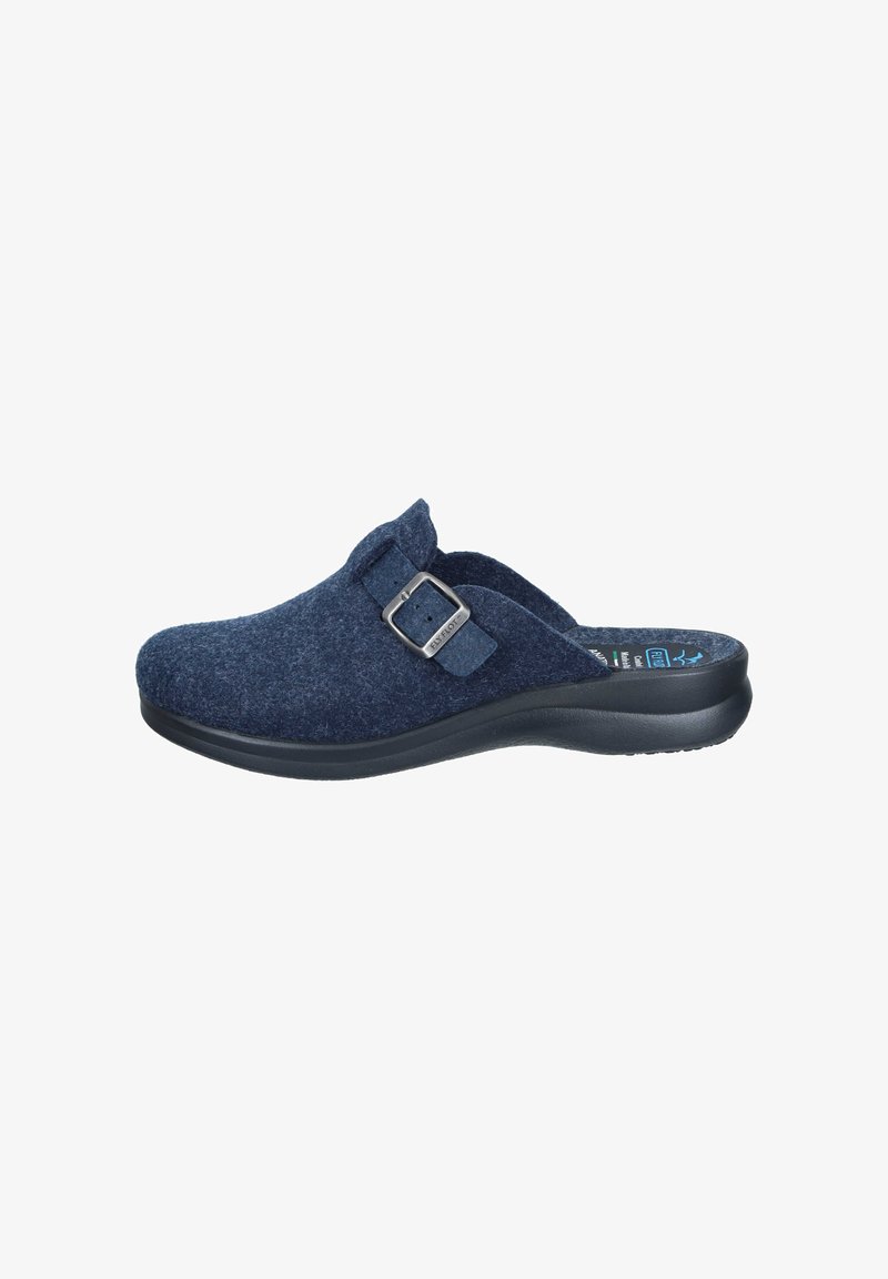 Marineblaue Filzpantoletten mit runder Zehenpartie, verstellbarem Metallverschluss und einer schwarzen Gummisohle. Mit strukturiertem Obermaterial für zusätzlichen Komfort.