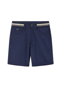 Pantaloni corti blu navy in cotone con chiusura a bottoni, dotati di due tasche frontali e una vita con strisce beige.