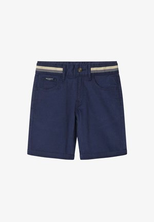 Mornarsko plave kratke hlače od pamuka s kopčanjem na dugme, s dva prednja džepa i pojasom s bež prugama.