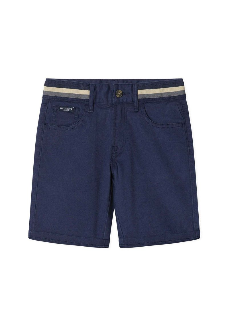 Pantaloni corti blu navy in cotone con chiusura a bottoni, dotati di due tasche frontali e una vita con strisce beige.