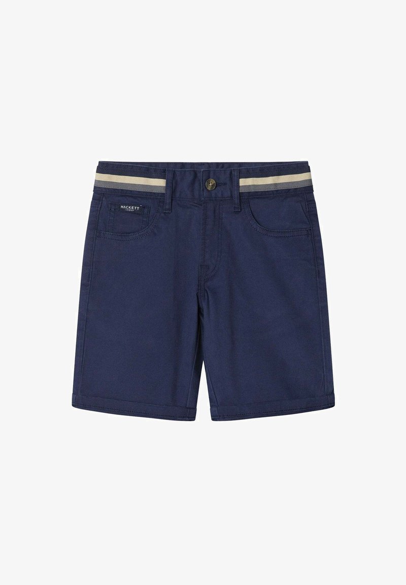 Námořnické modré šortky vyrobené z bavlny s knoflíkovým zapínáním, se dvěma předními kapsami a pasem se béžovými pruhy.
