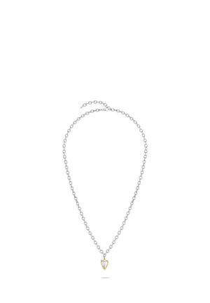 Silver chain necklace with a small heart-shaped pendant featuring a gold outline and a mother-of-pearl center.