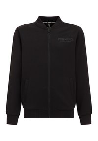 Czarna kurtka bomberka wykonana z miękkiego materiału, z zapięciem na zamek z przodu, ściągaczami na mankietach i bocznymi kieszeniami. Zawiera subtelną metkę na piersi.