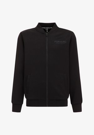 Zwarte bomberjack van zachte stof, met een ritssluiting aan de voorkant, geribbelde mouwen en zijzakken. Inclusief subtiele branding op de borst.