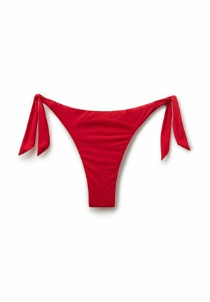 Red bikini bottom with side ties, displayed flat on a white background.