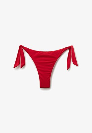 Red bikini bottom with side ties, displayed flat on a white background.