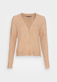 Beige ribbad cardigan med V-ringning, långa ärmar och kort passform. Har knäppning fram och mjuk textur.