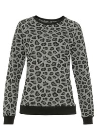 Lepardmönstrad sweatshirt med långa ärmar, grå grund och svarta detaljer vid muddarna och halsringningen. Mjuk textur, avslappnad design.