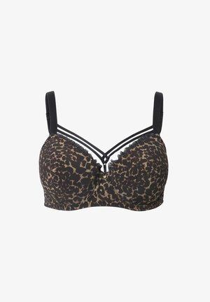 Beha met een luipaardprintpatroon, donkerbruin en beige stof, licht gewatteerde cups, decoratieve zwarte banden en een klein gouden accent in het midden.