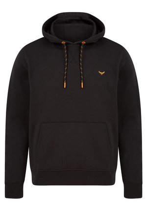 Black hoodie made of cotton blend, featuring a kangaroo pocket, ribbed cuffs, and orange drawstrings with black accents. Small logo on chest.