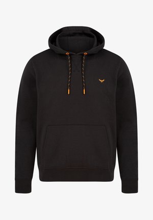Schwarzer Hoodie aus Baumwollmischung, mit einer Kängurutasche, gerippten Bündchen und orangefarbenen Kordeln mit schwarzen Akzenten. Kleines Logo auf der Brust.