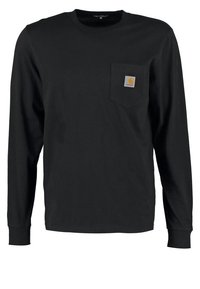 Langärmliges schwarzes Baumwollhemd mit Rundhalsausschnitt, ausgestattet mit einer Brusttasche auf der linken Seite und einem kontrastierenden quadratischen Logopatch. Klassische Passform.