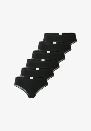 Panties nere in cotone con rifiniture in pizzo, caratterizzate da una texture liscia e una forma classica. Set di sei, vista laterale, disposti in modo ordinato.