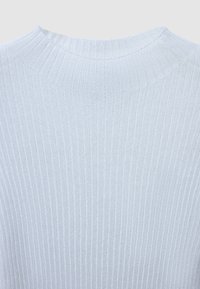 Top in maglia a coste di colore azzurro chiaro con colletto alto e motivo testurizzato. Il tessuto sembra morbido e elasticizzato, adatto per un look informale.