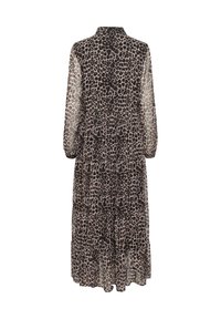 Robe en imprimé léopard avec un col, de longues manches transparentes, un design à jupe à volants et un ourlet froncé. Les couleurs incluent le beige, le noir et le marron.