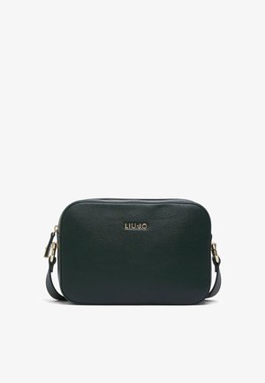 Borsa a tracolla rettangolare in pelle nera testurizzata con logo del marchio dorato e tracolla regolabile con accessori dorati.