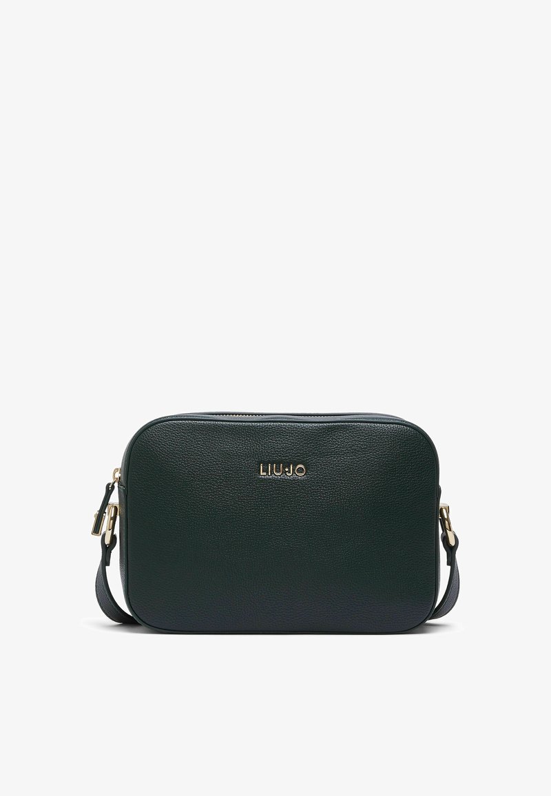 Μαύρη ορθογώνια δερμάτινη τσάντα crossbody με υφή, με χρυσό λογότυπο επωνυμίας και ρυθμιζόμενο ιμάντα με χρυσά μεταλλικά στοιχεία.