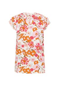 Blusa floreale con maniche corte, caratterizzata da uno sfondo bianco e grandi fiori rosa, arancioni e marroni. Dettaglio del collo arricciato.