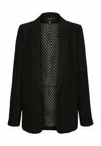 Black blazer made of textured fabric, featuring a shawl collar, two front pockets, and a polka dot patterned lining.
