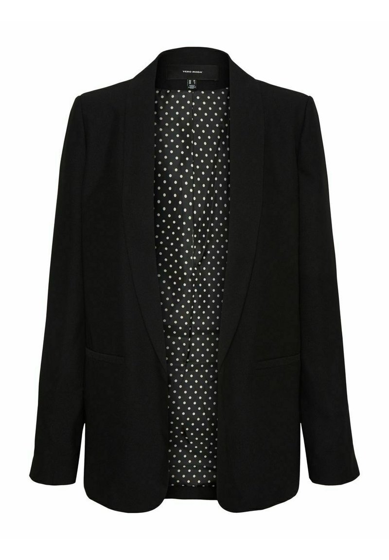 Black blazer made of textured fabric, featuring a shawl collar, two front pockets, and a polka dot patterned lining.