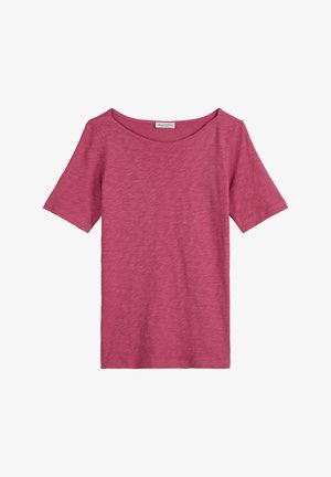 Ružičasta majica s kratkim rukavima, širokog izreza oko vrata, izrađena od mekog, teksturiranog materijala. Opušteni kroj pogodan za svakodnevno nošenje.