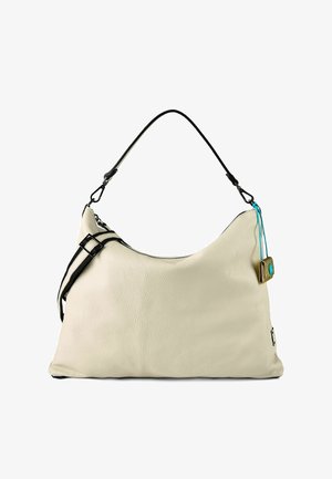 Borsa a mano in pelle color crema lavorata con tracolla regolabile nera e ciondolo alla zip con accenti turchesi.