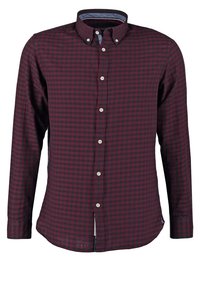 Camicia a maniche lunghe a quadretti bordeaux con colletto button-down, dotata di bottoni bianchi, un rivestimento interno del colletto blu e orlo dritto.