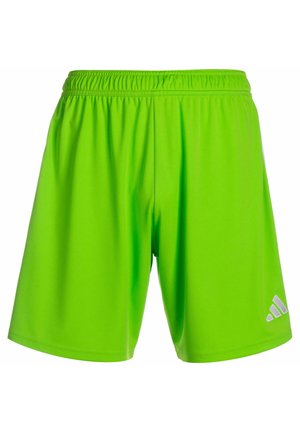 Neon groene sportbroekjes met een elastische tailleband en een klein wit Adidas-logo aan de onderzijde rechts. Glad, lichtgewicht stof.