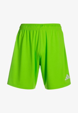 Neon groene sportbroekjes met een elastische tailleband en een klein wit Adidas-logo aan de onderzijde rechts. Glad, lichtgewicht stof.