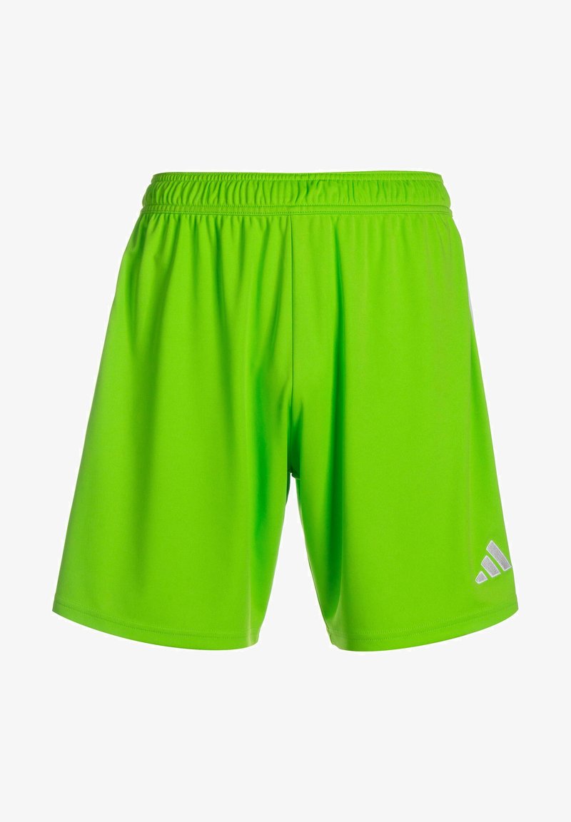 Shorts de sport vert fluo avec une taille élastique et un petit logo Adidas blanc en bas à droite. Tissu lisse et léger.