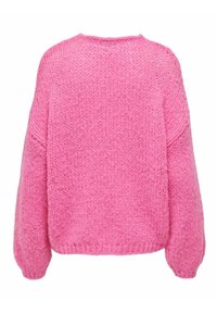 Rosa gestrickter Pullover mit lockerem Schnitt, runder Halslinie und Ballonärmeln. Mit geripptem Saum und strukturiertem Stoff durchgehend.
