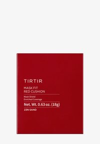 Rotes quadratisches Kompaktverpackung mit der Aufschrift "TIRTIR MASK FIT RED CUSHION", mit weißem Text, der Produktdetails und Gewicht angibt.