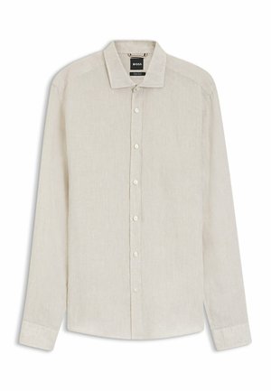 Beżowa koszula na długi rękaw, zapinana na guziki, z kołnierzykiem, rękawy z mankietami oraz metka marki BOSS wewnątrz kołnierza.