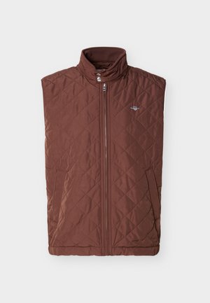 Gilet imbottito marrone con collo alto, cerniera frontale e tasche laterali. Leggero, con una texture liscia e un motivo a diamante sottile.