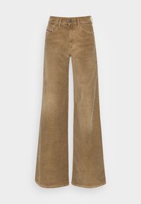 Vyötäröltä korkeavyötäröiset, leveälahkeiset ruskeat samettihousut, joissa on vyölenkit, edessä napit, vetoketjusuljenta sekä etu- ja takataskut.