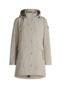 Beżowa wodoodporna kurtka z kapturem, zapinana na zatrzaski, z dwoma dużymi kieszeniami i dopasowaną talią. Gładka tekstura o minimalistycznym designie.