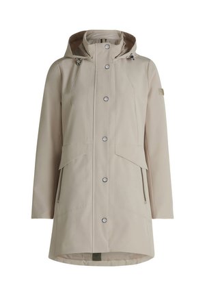 Beige vandtæt jakke med hætte, trykknaplukning foran, to store lommer og taljefasong. Glat tekstur med minimalistisk design.