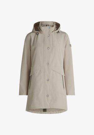 Beżowa wodoodporna kurtka z kapturem, zapinana na zatrzaski, z dwoma dużymi kieszeniami i dopasowaną talią. Gładka tekstura o minimalistycznym designie.