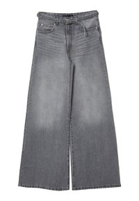 Jeans in denim grigio a gamba larga con una finitura sbiadita, dotati di vita alta, cinque tasche e passanti per cintura. Materiale in cotone resistente.