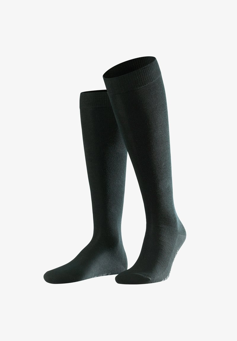 Schwarze knielange Socken aus glattem Stoff, mit verstärktem Zehenbereich, geripptem Bündchen und nahtlosem Design für hohen Tragekomfort.