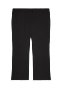 Svarta raka byxor med knäppning i midjan, utan synliga fickor eller mönster, visade på en vit bakgrund.