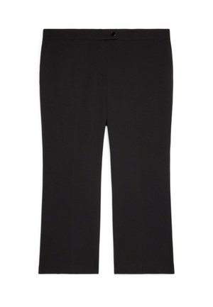 Pantaloni neri a gamba dritta con chiusura a bottone in vita, senza tasche visibili o motivi, esposti su uno sfondo bianco.