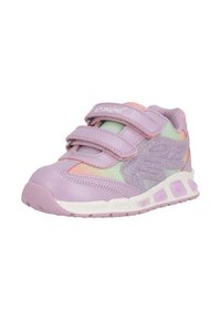 Lila Sportschuh aus Mesh- und Leder-Materialien, ausgestattet mit zwei Klettverschlüssen, in einer Farbkombination aus Hellpink und Mint, und einer strukturierten Laufsohle.